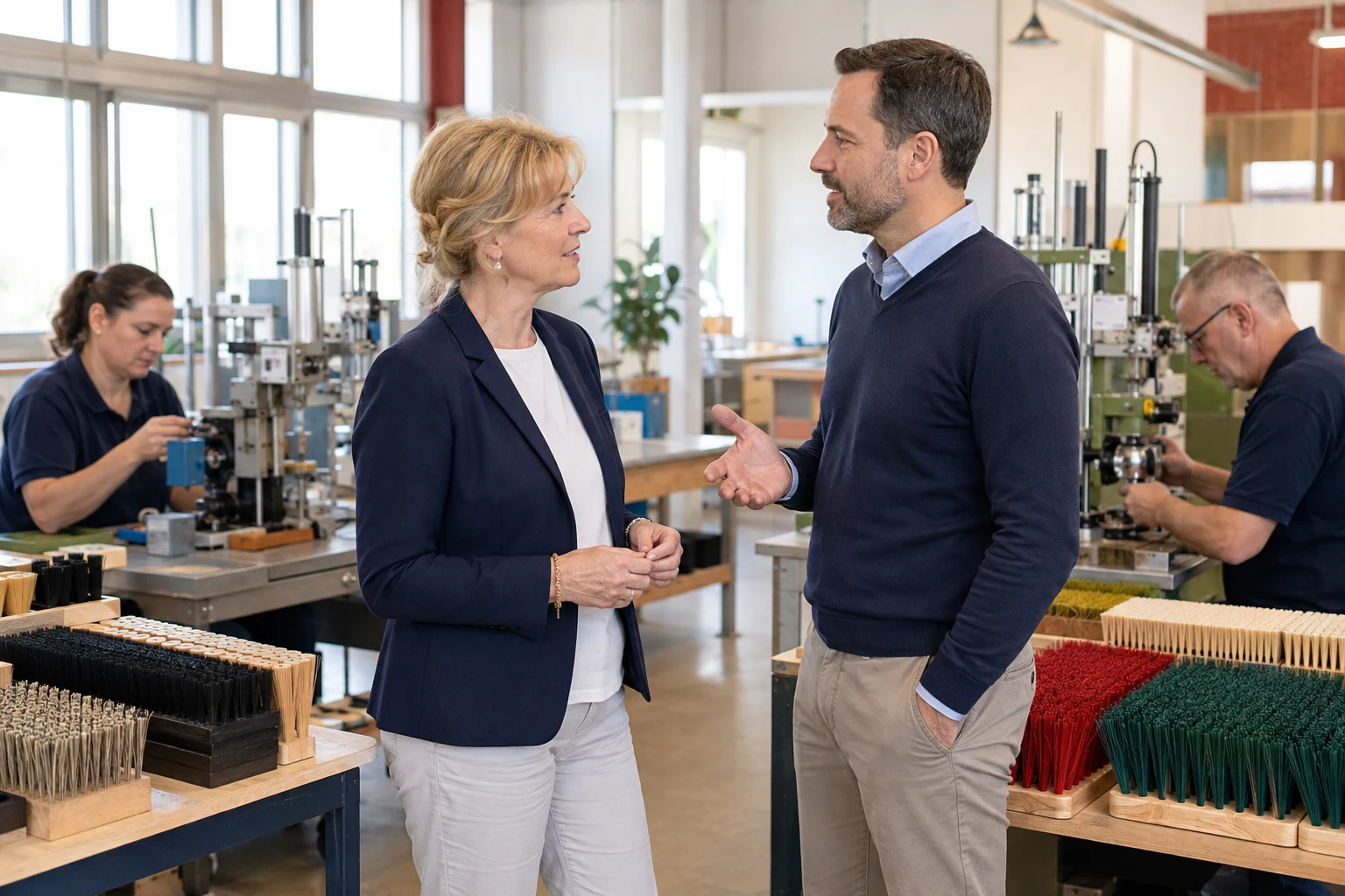 Eigentümerin und Kaufinteressent in einer Fertigung für technische Bürsten
